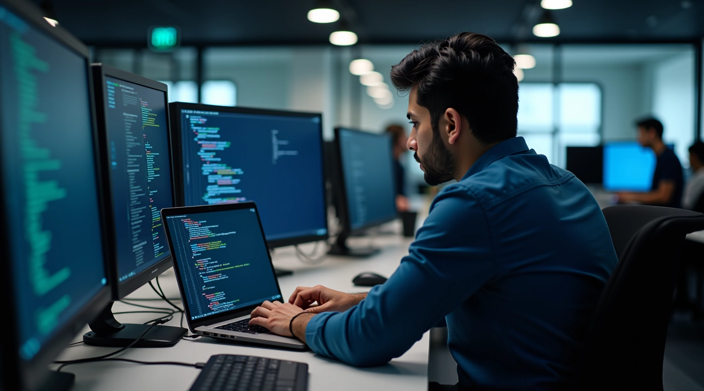 Modern workspace with multiple language processing on screens, developer at desk with Indian scripts visible